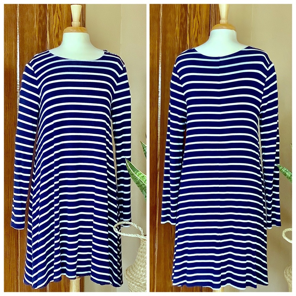 Navy & White Striped Long-Sleeve Swing Dress